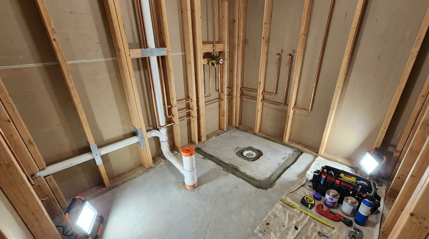 Bathroom rough-in plumbing during remodel by Johns Plumbing LLC in East Millinocket