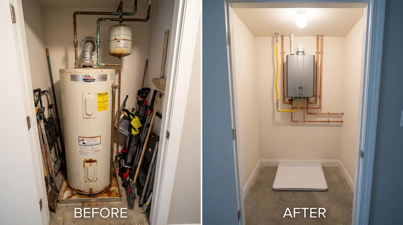 Tank water heater versus wall-mounted tankless unit comparison for East Millinocket, ME homeowners