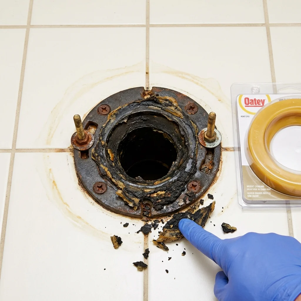 Failed wax ring showing water seepage at the base of a toilet in a East Millinocket, ME home