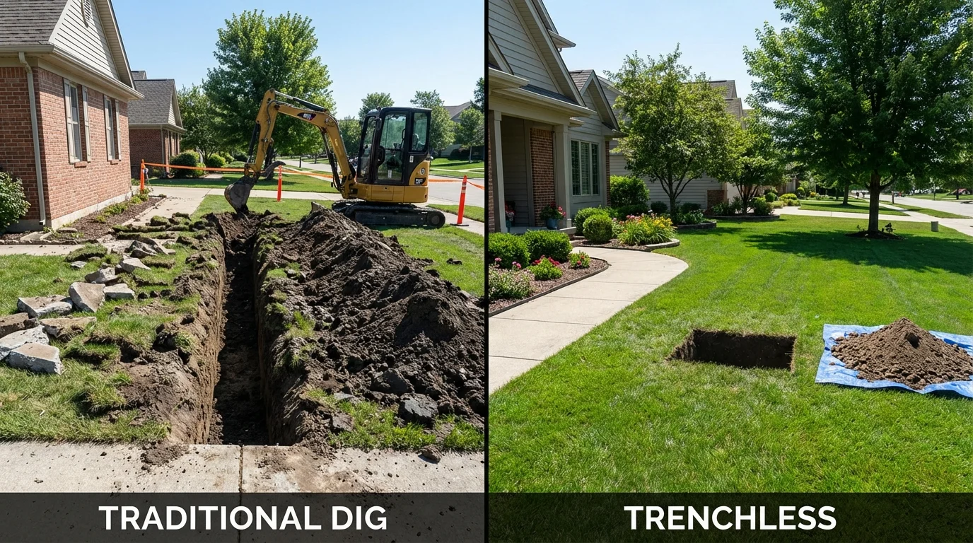 Trenchless sewer repair with minimal yard damage versus traditional excavation in East Millinocket, ME