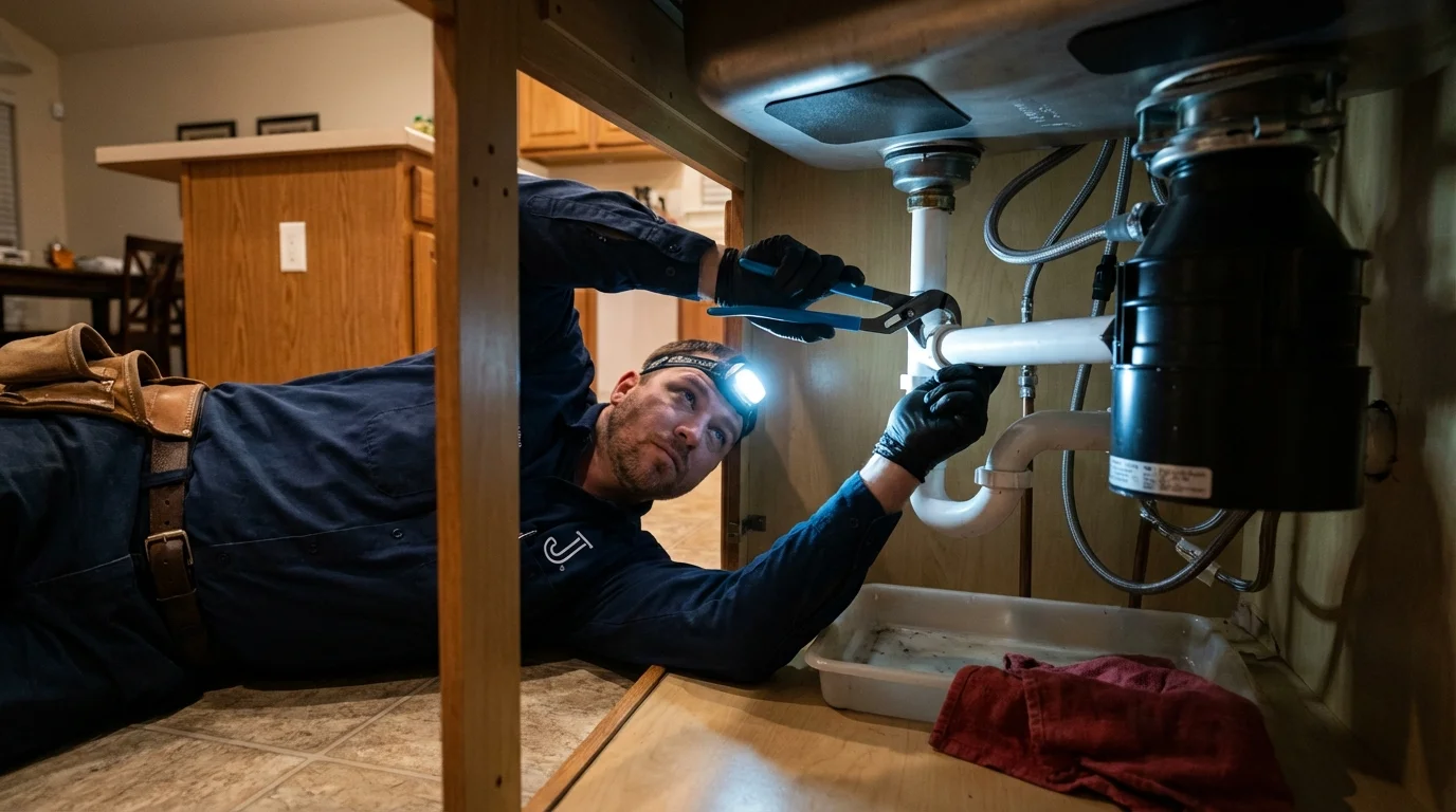 P-trap and supply line connections under a kitchen sink showing a common leak point in East Millinocket, ME